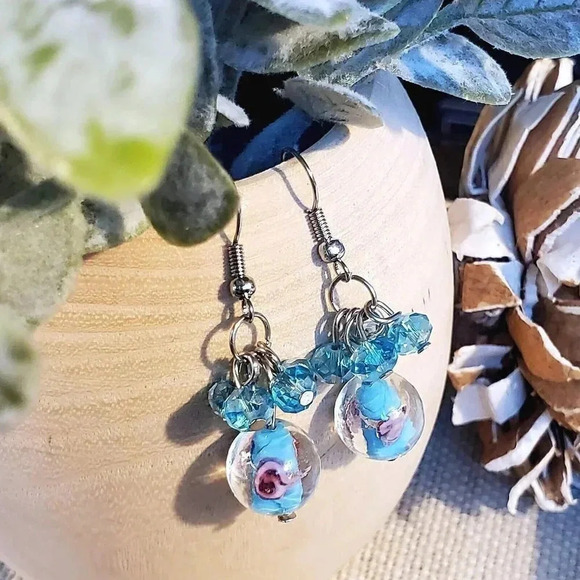 Handcrafted Turquoise Blue Murano Glass Flower Czech Crystal Beads Earrings - Picture 6 of 7